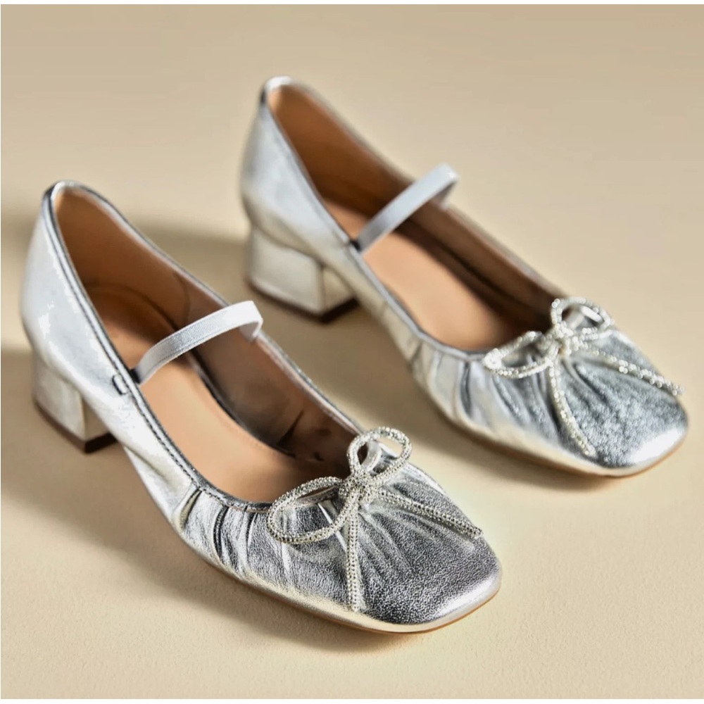 ANTHROPOLOGIE Maeve Cross Strap Leather Ballet 37 MARYJANE Heels Metallic Silver